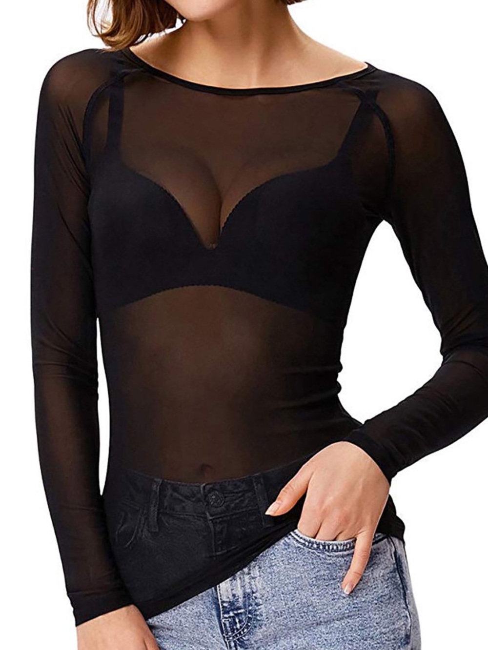 Women’s Express Black Long-Sleeve Crewneck stretch mesh Shirt M new